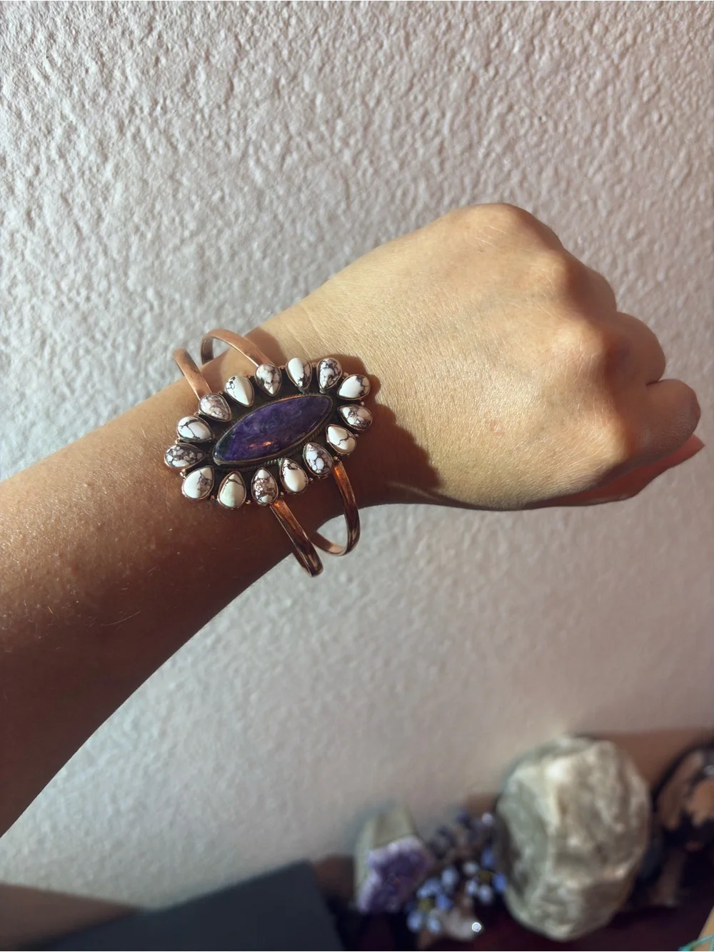 Adjustable Copper Cuff Charoite and WildHorse  Stones